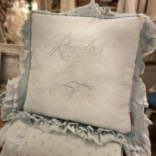 Cuscino Ricordati di essere felice acquamarina, Atelier Bologna, Made in Italy, Opificio dei Sogni, Blanc Mariclò, Luxury