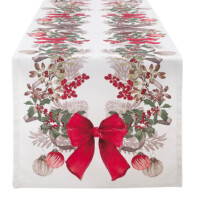 Runner Da Tavola Natalizio Con Nappe 175x38 Cm - Motivo Floreale Rosso Con Agrifoglio, Stile Country, Lavabile In Lavatrice