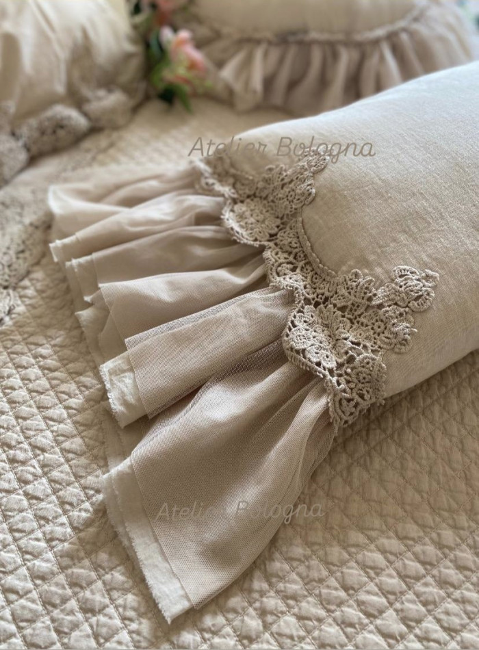 Cuscino in lino c/pizzo cm 45x30 Beige/Cipria, Made in Italy - immagine 4