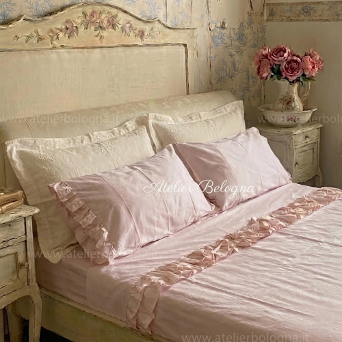 Completo letto con rouche Rosa, Atelier Bologna, Made in Italy, Blanc Mariclò, Luxury