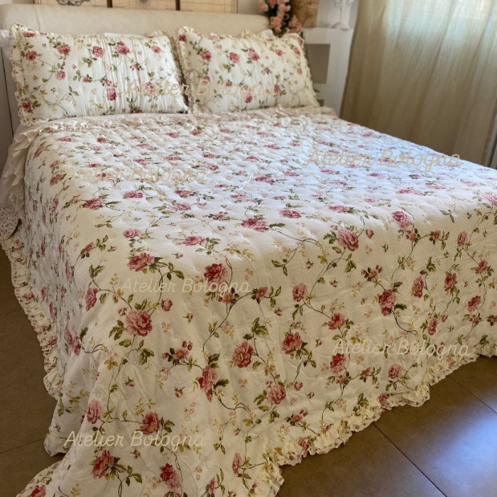 Trapunta matrimoniale Roses, Atelier Bologna, Vintage, Shabby, Provenzale, Blanc Mariclò