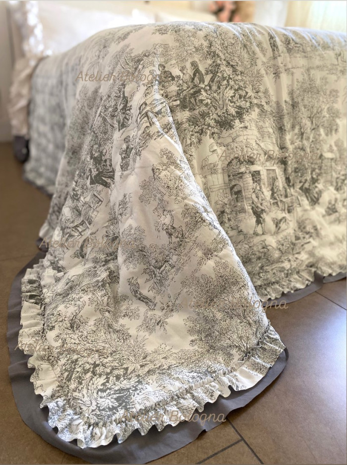 Trapuntino matrimoniale Toile de Jouy 120gsm, Grigio - immagine 6