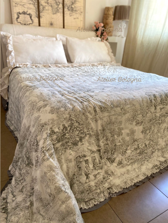 Trapuntino matrimoniale Toile de Jouy 120gsm, Grigio - immagine 3