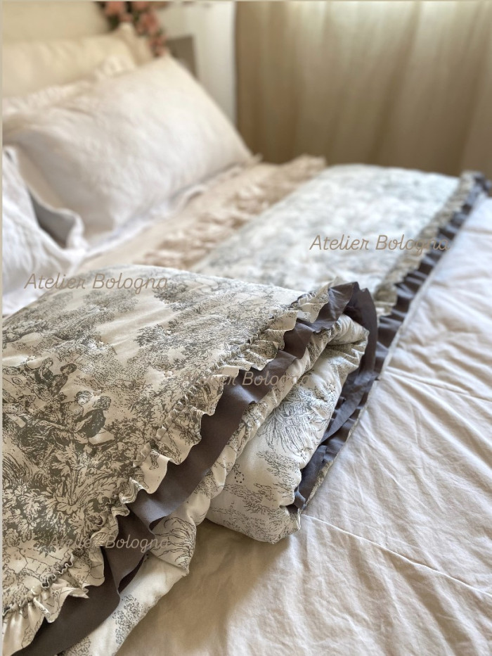 Trapuntino matrimoniale Toile de Jouy 120gsm, Grigio - immagine 10