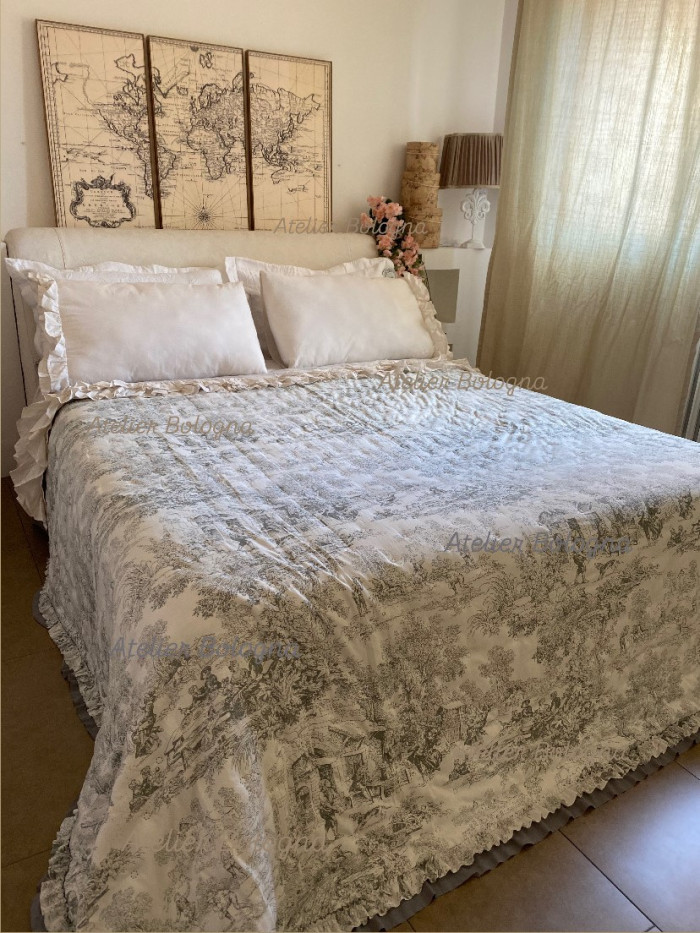 Trapuntino matrimoniale Toile de Jouy 120gsm, Grigio - immagine 2