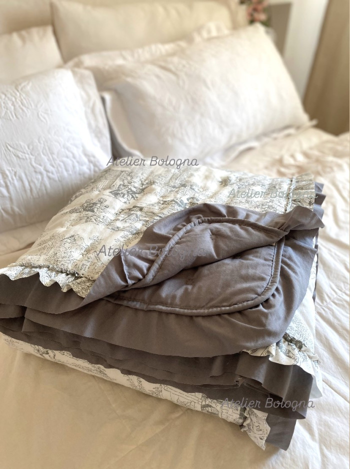 Trapuntino matrimoniale Toile de Jouy 120gsm, Grigio - immagine 11